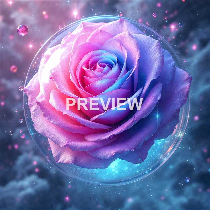 A digitally created image of a multicolored rose with shades of pink, purple, and blue, surrounded by sparkles and cosmic elements in a surreal, space-like background.